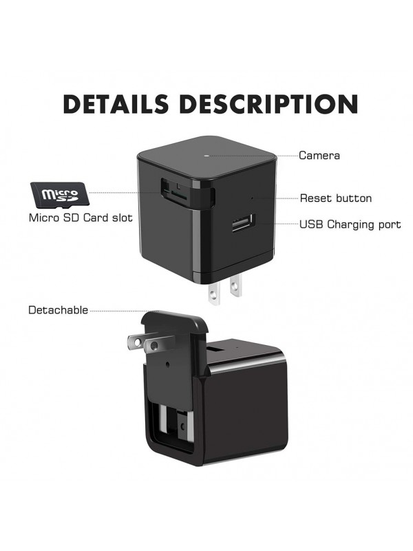 Black 1080P Mini Camera Adapter Wall Charger